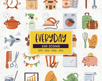 Everyday Icons: 100 Daily Routines Digital Stickers. EPS, SVG, PNG