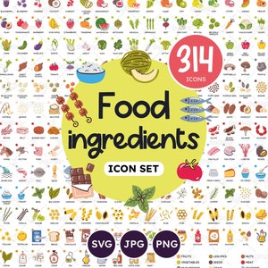 Food Icon Set. 314 icons: fruits, vegetables, mushrooms, legumes, grains, meat, seafood, dairy products, pasta, herbs, seeds...