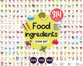 Food Icons SVG, Cooking Ingredients, Recipe Icons, Fruits, Vegetables, Cereals, Meat, Seafood, Herbs, Mushrooms, Legumes, Dairy, Pasta, Nuts