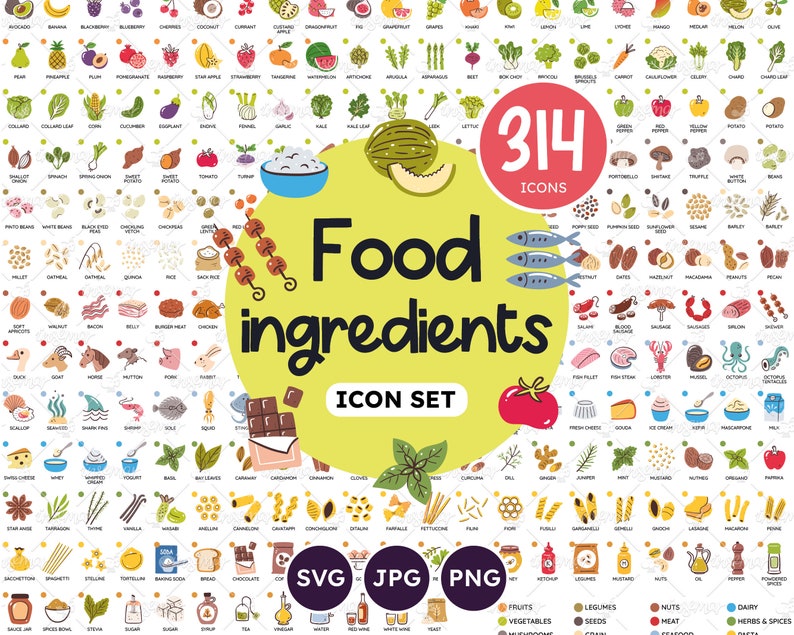 Food Icon Set. 314 icons: fruits, vegetables, mushrooms, legumes, grains, meat, seafood, dairy products, pasta, herbs, seeds...