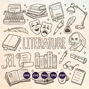 Conjunto de Rabiscos de Literatura – Disciplina Escolar. 20 Itens Relacionados à Aula de Literatura. Fundo de Rabiscos. Vetor EPS, SVG, PNG Transparente.
