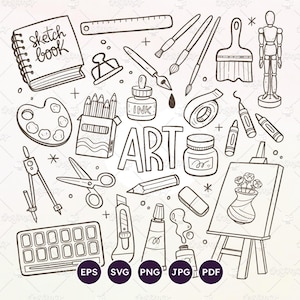 Op de afbeelding: Zwart-wit illustratie van kunstbenodigdheden, waaronder een schetsboek, palet, potloden, penselen, inkt, een schaar en een canvas met een vaas bloemen. Het woord "ART" staat in het midden.