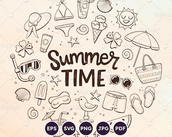 Summer Doodles, Summertime Clip Art, Seasonal Vacation, EPS, SVG, PNG