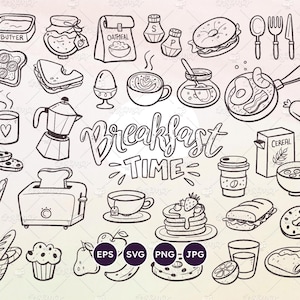 Conjunto de imágenes prediseñadas de desayuno, colección de arte lineal de comida de buenos días, tostadas, café, té, cereales, leche, vectores EPS, SVG, PNG transparente