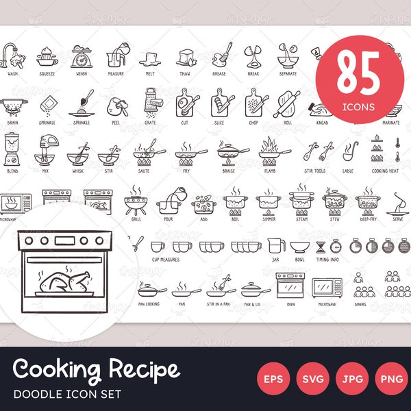 Cooking Icon Set, Kitchen Cooking Doodle Icons, Cooking Recipe Icons, Hand-drawn Food Icon SVG, Kitchen Theme, Transparent PNG, Vector EPS