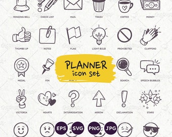 PLANNER ICON Set, Doodle Journaling Stickers, Calendar Icons, Essential Signs, Reminders, Emojis, Goals, Files: Vector eps, svg, png