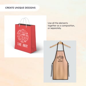 Op de afbeelding: Een rode papieren tas met witte tekst die "TAKE AWAY" zegt en een cirkelvormig ontwerp van verschillende voedingsmiddelen. Een bruine schort met zwarte banden en de tekst "SHIITAKE" en een paddenstoelontwerp.