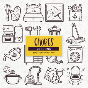 Icone per le faccende domestiche: pulizie, cucina, bucato... (vettoriale EPS, SVG, PNG)