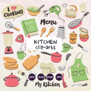 Herramientas de cocina, utensilios de cocina, artículos para el hogar, conjunto de imágenes prediseñadas, colección de imágenes prediseñadas de cocina, archivos SVG, PNG transparente, vector EPS