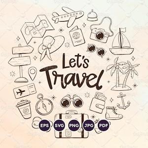 旅行落書き SVG、旅クリップアート セット、旅行時間、休暇と休日、アウトドア、旅行、放浪癖、透明 PNG、ベクター EPS