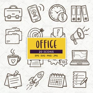 オフィスアイコン：チームワーク、計画、リマインダー。プランナーやバレットジャーナル用のクリップアート。