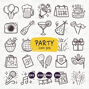 Doodle ikon imprezowych, 32 ręcznie rysowane ikony urodzinowe i celebracyjne, idealne na zaproszenia na przyjęcia dla dzieci i świąteczne wzory prezentów. EPS, PNG, SVG