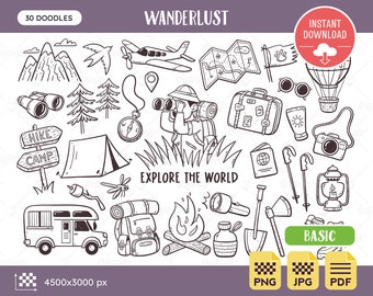 Adventure Doodles, Travel Lifestyle Illustrations, Wanderlust Clip Art Scrapbook Coloring, Camping Outdoors Clip Arts, JPG, PNG, BASIC