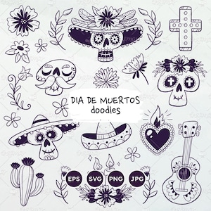 Tag der Toten Doodle Clipart-Set, Hintergrund Dia de los Muertos, Sugar Skull, Halloween, Catrina, Mexiko, Calaca, PNG, Vektor-EPS, SVG