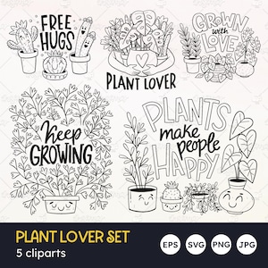 Plant doodle set, grappige plant citaten, blijf groeien, planten maken mensen blij, plantenliefhebber, hand belettering, kamerplant, vector EPS, SVG, png