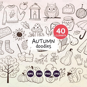 Conjunto de imágenes prediseñadas de doodles otoñales, doodles de otoño, lindos elementos otoñales, ilustración de otoño, archivos EPS vectoriales, PNG transparentes y SVG.