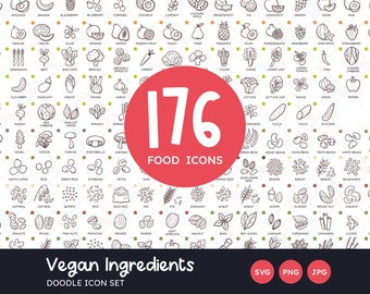 Vegan Food Doodle Icons, Cooking Ingredients Icons, Vegetarian, PNG, SVG, Fruits, Vegetables, Cereals, Herbs, Mushrooms, Legumes, Nuts