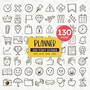 May include: A collection of 130 hand-drawn planner icons in black and white. The icons include symbols for tasks, events, and emotions, with a yellow banner that reads "PLANNER 130 TINY ICONS". The icons are in EPS, SVG, PNG, and JPG formats.