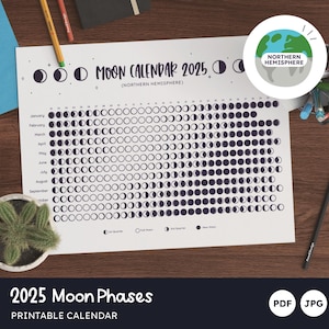 Calendario de fases lunares 2025, calendario lunar del año, listo para imprimir, hemisferio norte, hoja de 1 año, tabloide, Din A3, carta, Din A4, PDF, JPG