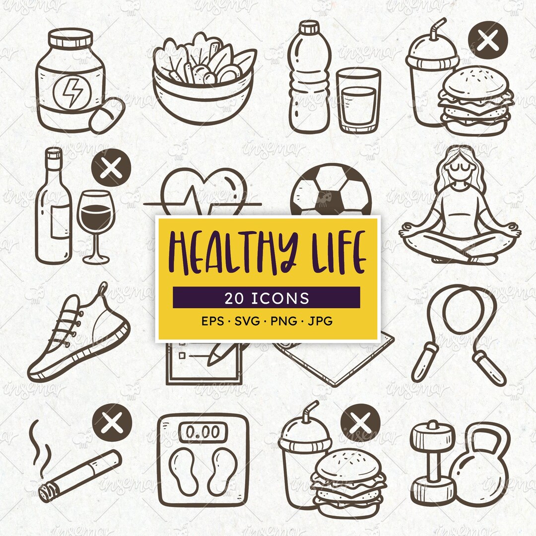Healthy Lifestyle and Fitness Icons: Workout, Habits... EPS, SVG, PNG ...