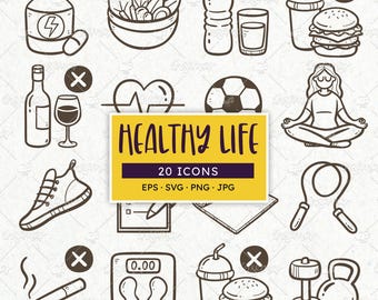 Gesunder Lebensstil und Fitness Icons: Workout, Gewohnheiten...EPS, SVG, PNG
