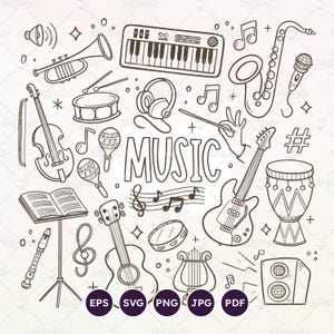 May include: A black and white line drawing of various musical instruments, including a keyboard, guitar, saxophone, and violin. The word "MUSIC" is prominently displayed, along with musical notes and other related symbols.