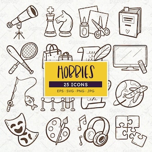 Ícones de Hobbies: Entretenimento e Atividades Desenhados à Mão (EPS, SVG, PNG)