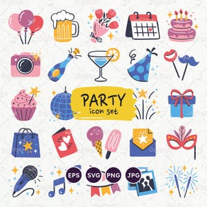 Images clipart d'icônes de fête, 32 icônes d'anniversaire et de célébration dessinées à la main, parfaites pour les décorations de fête d'enfants et les designs festifs. Fichiers vectoriels.