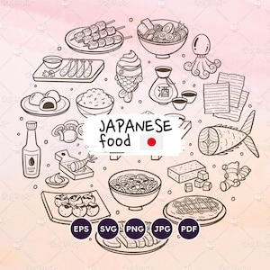 Iconos de comida japonesa. Comida y sus ingredientes típicos japoneses. Garabatos vectoriales SVG. Imágenes prediseñadas de menú de restaurante. Ilustración de cocina japonesa. EPS, PNG.