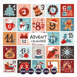 Christmas Advent Calendar: Square Cards for Xmas Countdown (EPS, SVG, PNG) Digital Download