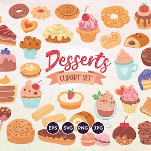 Gebak en desserts Clip Art, banketbakkerij, schattige chocoladekoekjes, cakes, smoothies, vector EPS, SVG, transparante png, commercieel gebruik