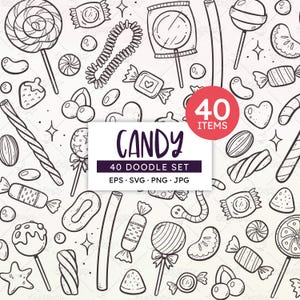 Candy Doodle Clip Art: Handgezeichnete Süßigkeiten, Lutscher, Gummies (PNG, EPS, SVG) Kommerzielle Nutzung