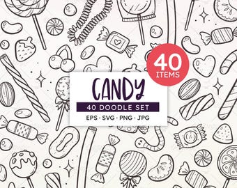 Candy Doodle Clip Art: Hand-Drawn Sweets, Lollipops, Gummies (PNG, EPS, SVG) Commercial Use