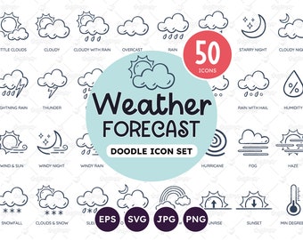 Doodle Weather Icons, Forecast Icons, Weather Symbols,  Weather Cliparts, Descriptive Moon phases, SVG files, Transparent PNG, Vector EPS