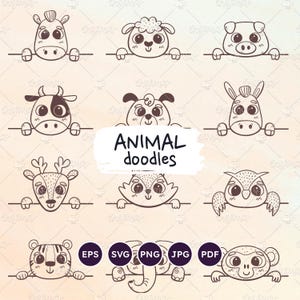 Animal Doodle Clip Art Set: Farm, Forest, Wild Animals (EPS, SVG, PNG Files)