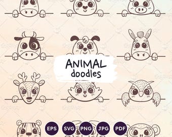 Animal Doodle Clip Art Set: Farm, Forest, Wild Animals (EPS, SVG, PNG Files)