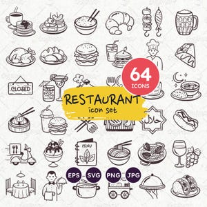 Lebensmittel-Icon-Set, Restaurant- und Mahlzeiten-Doodle-Symbole, Menü für Speisen und Getränke, Symbol für die Lieferung von Speisen, transparente PNG-, Vektor-EPS-, SVG-Dateien. 64 Ikonen.