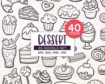 Doodle dessert illustraties: bakkerij, gebak, smoothies (EPS, SVG, png)