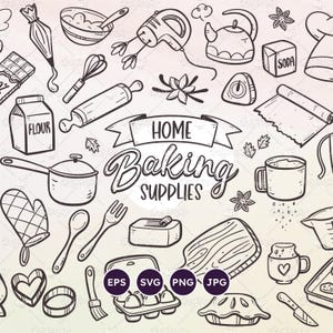 Conjunto de rabiscos de padaria, confeitaria caseira, utensílios de cozinha, conjunto de clipart de suprimentos para confeitaria, clipart de cozinha, padaria, vetor SVG, EPS, PNG transparente,