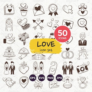Amour doodle icônes, cliparts mariage, mariée, marié, Couple, Saint-Valentin, clipart LGBT, coeur, png transparents, fichiers svg, vecteur EPS