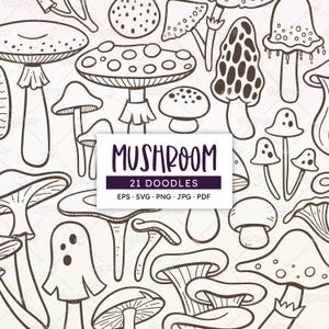 Puede incluir: Un conjunto de 21 garabatos de setas dibujados a mano, de diversas formas y tamaños. La imagen incluye un rectángulo blanco con la palabra "MUSHROOM" y opciones de tipo de archivo.