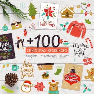 Christmas Clip Art, Letterings & Greeting Cards. Hand-drawn Christmas Digital Bundle. SVG, PNG. 130 item Collection. Digital Download.