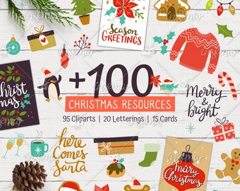 Christmas Clip Arts, Letterings & Greeting Cards. Hand-drawn Christmas Digital Bundle. SVG, PNG. 130 item Collection. Digital Download.