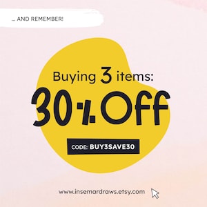 Op de afbeelding: Gele grafiek met een witte omtrek, met de tekst "Buying 3 items: 30% Off" en de code "BUY3SAVE30". De grafiek bevindt zich op een roze achtergrond met een witte penseelstreep bovenaan.