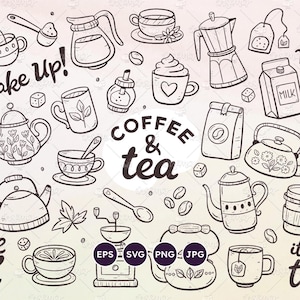 Set di scarabocchi per caffè e tè, tazze da caffè, teiere, caffè, scritte a tema caffè, scarabocchi decorativi, schizzi, file SVG, PNG, EPS vettoriali