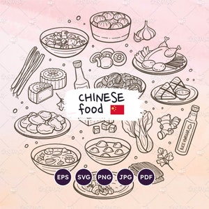 Clipart de comida chinesa, 20 ícones desenhados à mão de pratos e ingredientes tradicionais chineses, perfeitos para projetos culinários. Arquivos vetoriais.