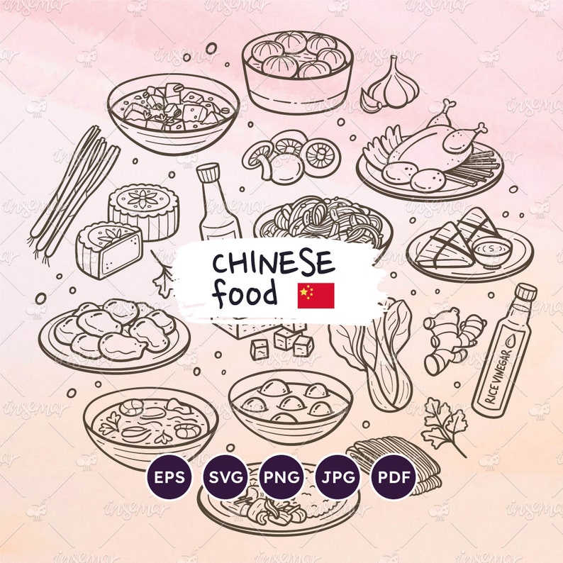 Chinese Food Icons. Typical China Food & Ingredients. SVG vector doodles. Restaurant Menu Clipart. Chinese Cuisine Illustration. EPS, PNG.