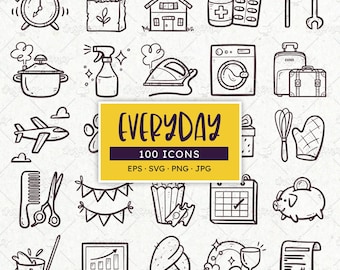 100 Planner Icons SVG Bundle | Hand Drawn Everyday Clipart PNG EPS