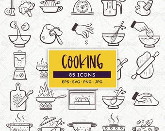 Kochen Icons: Handgezeichnete Rezeptbuch Digitale Aufkleber (SVG, PNG, EPS)