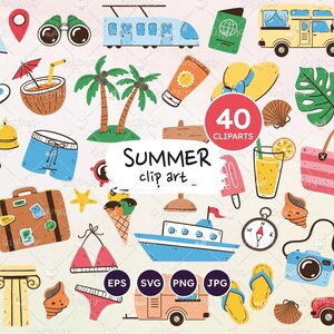 Summer clip art, playful tropical holiday clip art for digital design, planners & summer party gifts. Vector EPS, SVG, Transparent PNG